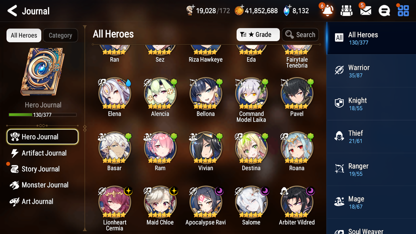 [GLOBAL] Epic 7 Seven 5ML 1LIM Salome Lionheart Cermia Maid Chloe Arbiter Vildred Apocalypse Ravi Fairytale Tenebria + ML pulls + 20 Speed + 4 Sets Gear +Name Starter Account-Mobile Games Starter