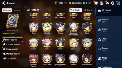 [GLOBAL] Epic 7 Seven 5ML 1LIM Salome Lionheart Cermia Maid Chloe Arbiter Vildred Apocalypse Ravi Fairytale Tenebria + ML pulls + 20 Speed + 4 Sets Gear +Name Starter Account-Mobile Games Starter