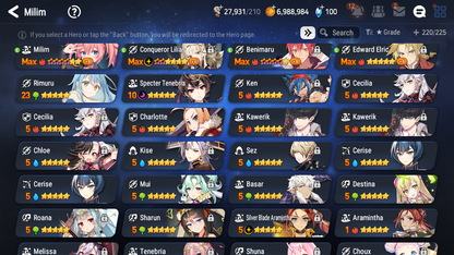 [GLOBAL] Epic 7 Seven 5ML + 22 4★ ML Conqueror Lilias Mediator Kawerik Dragon King Sharun Rimuru Milim Benimaru Edward Elric Cerise+20 speed++ 10-10 Account-Mobile Games Starter