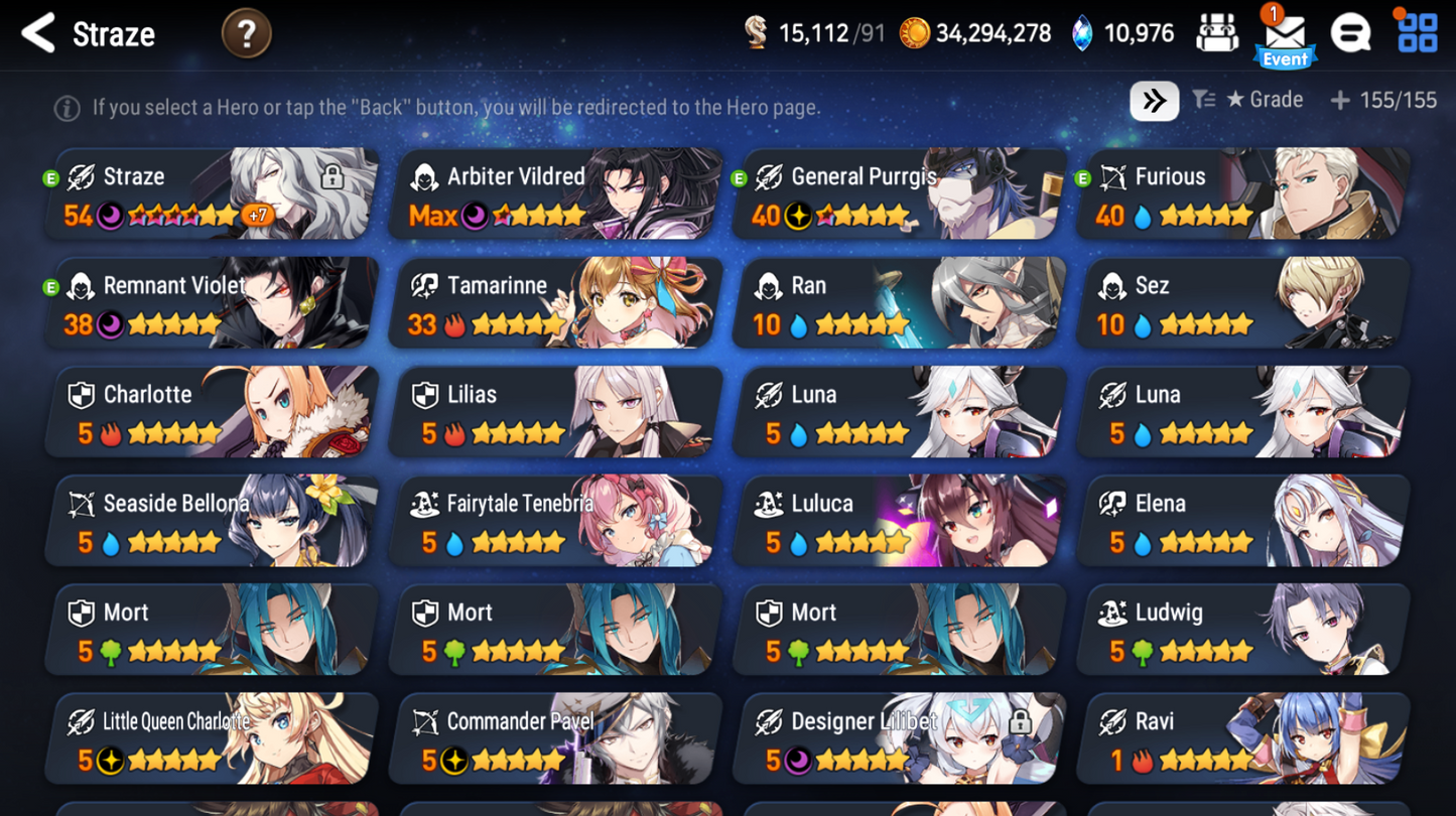 [Global] Epic 7 Seven 5ML Straze Designer Lilibet Remnant Violet Commander Pavel Little Queen Charlotte Luna Seaside Bellona + Name 10-10 Starter Account-Mobile Games Starter