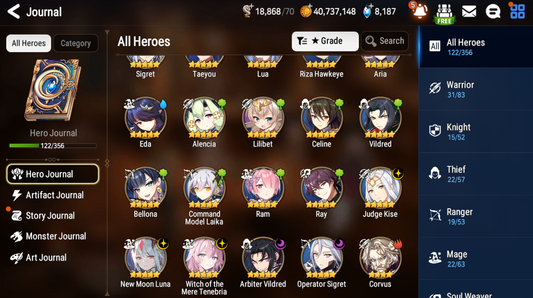 [GLOBAL] Epic 7 Seven 5ML Witch of the Mere Tenebria New Moon Luna Arbiter Vildred Kise Sigret Angel + ML pulls + Name Starter Account-Mobile Games Starter