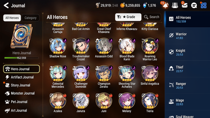 [GLOBAL] Epic 7 Seven 6ML + 25 4★ ML Lone Crescent Bellona Last Rider Krau Tywin Choux Haste Benimaru +20 speed++ 10-10 Account-Mobile Games Starter