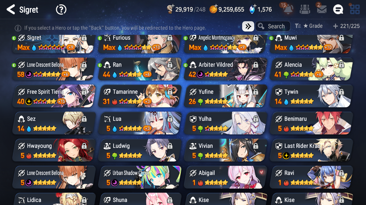 [GLOBAL] Epic 7 Seven 6ML + 25 4★ ML Lone Crescent Bellona Last Rider Krau Tywin Choux Haste Benimaru +20 speed++ 10-10 Account-Mobile Games Starter