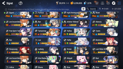 [GLOBAL] Epic 7 Seven 6ML + 25 4★ ML Lone Crescent Bellona Last Rider Krau Tywin Choux Haste Benimaru +20 speed++ 10-10 Account-Mobile Games Starter