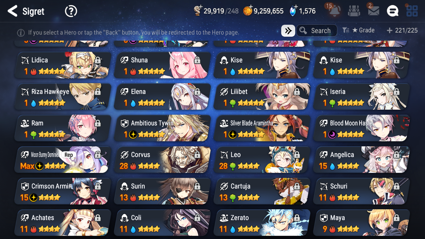 [GLOBAL] Epic 7 Seven 6ML + 25 4★ ML Lone Crescent Bellona Last Rider Krau Tywin Choux Haste Benimaru +20 speed++ 10-10 Account-Mobile Games Starter