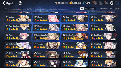[GLOBAL] Epic 7 Seven 6ML + 25 4★ ML Lone Crescent Bellona Last Rider Krau Tywin Choux Haste Benimaru +20 speed++ 10-10 Account-Mobile Games Starter