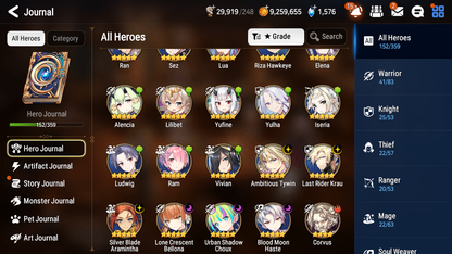 [GLOBAL] Epic 7 Seven 6ML + 25 4★ ML Lone Crescent Bellona Last Rider Krau Tywin Choux Haste Benimaru +20 speed++ 10-10 Account-Mobile Games Starter