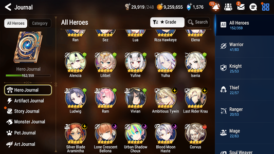 [GLOBAL] Epic 7 Seven 6ML + 25 4★ ML Lone Crescent Bellona Last Rider Krau Tywin Choux Haste Benimaru +20 speed++ 10-10 Account-Mobile Games Starter