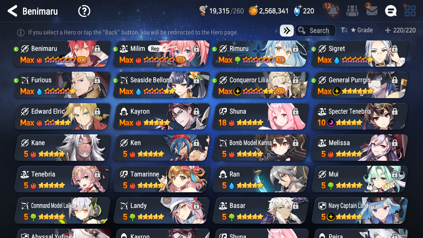[GLOBAL] Epic 7 Seven 6ML + 25 4★ ML Navy Captain Landy Abyssal Yufine Belian Conqueror Lilias Baal Choux Landy Rimuru Benimaru Milim Edward Elric Seaside Bellona+20 speed++ 10-10 Account-Mobile Games Starter