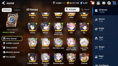 [GLOBAL] Epic 7 Seven 7ML Lady of the Scales Witch of the Mere Tenebria New Moon Luna Arbiter Vildred Kise Sigret Angel + 39ML pulls Mystics +20 Speed+ Name Starter Account-Mobile Games Starter