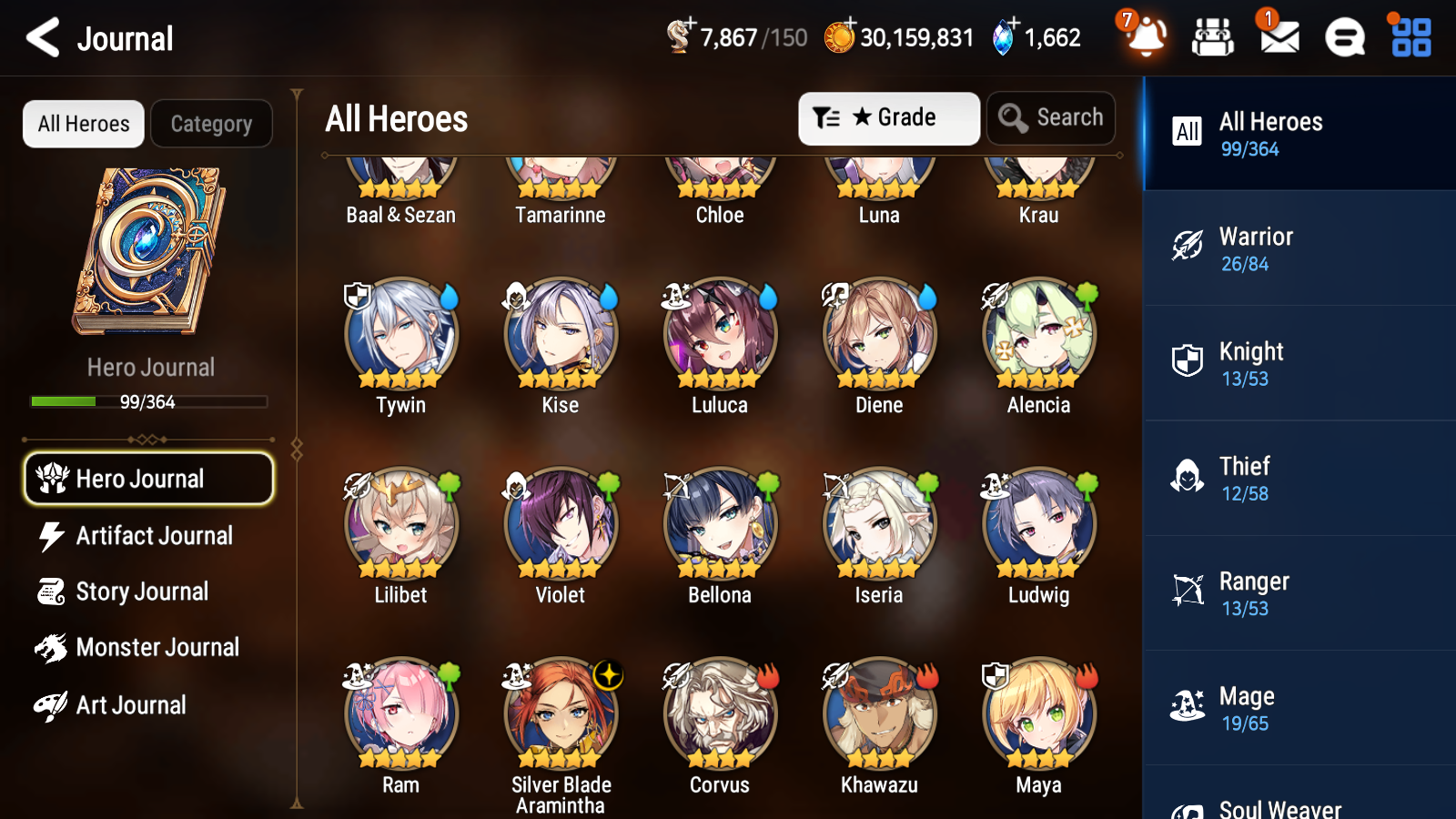 [GLOBAL] [INSTANT] Epic 7 Seven 1ML 2LIM Silver Blade Aramintha Diene Luna + ML Mystics pulls + 20 Speed Aged Starter Account-Mobile Games Starter