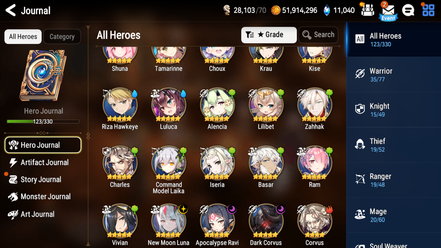 [GLOBAL] [INSTANT] Epic 7 Seven 3ML New Moon Luna Apocalypse Ravi Corvus +11k Gems +36 ML pulls Starter Account-Mobile Games Starter