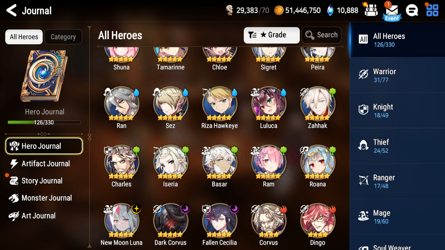 [GLOBAL] [INSTANT] Epic 7 Seven 3ML New Moon Luna Dark Corvus Fallen Cecilia Jack +11k Gems +37 ML pulls Starter Account-Mobile Games Starter