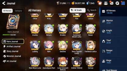 [GLOBAL] [INSTANT] Epic 7 Seven 6ML New Moon Luna Navy Captain Landy Bellona Arbiter Vildred Ravi Lidica Rimuru + ML pulls +20 Speed + Name Starter Account-Mobile Games Starter