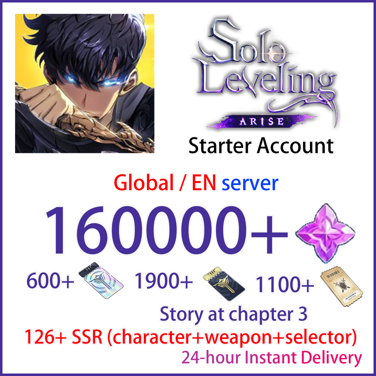 [GLOBAL][INSTANT] 126+ SSR | 160000+ Essence Stones + 3600 tickets | Solo Leveling:ARISE EN Starter Account (see options)-Mobile Games Starter