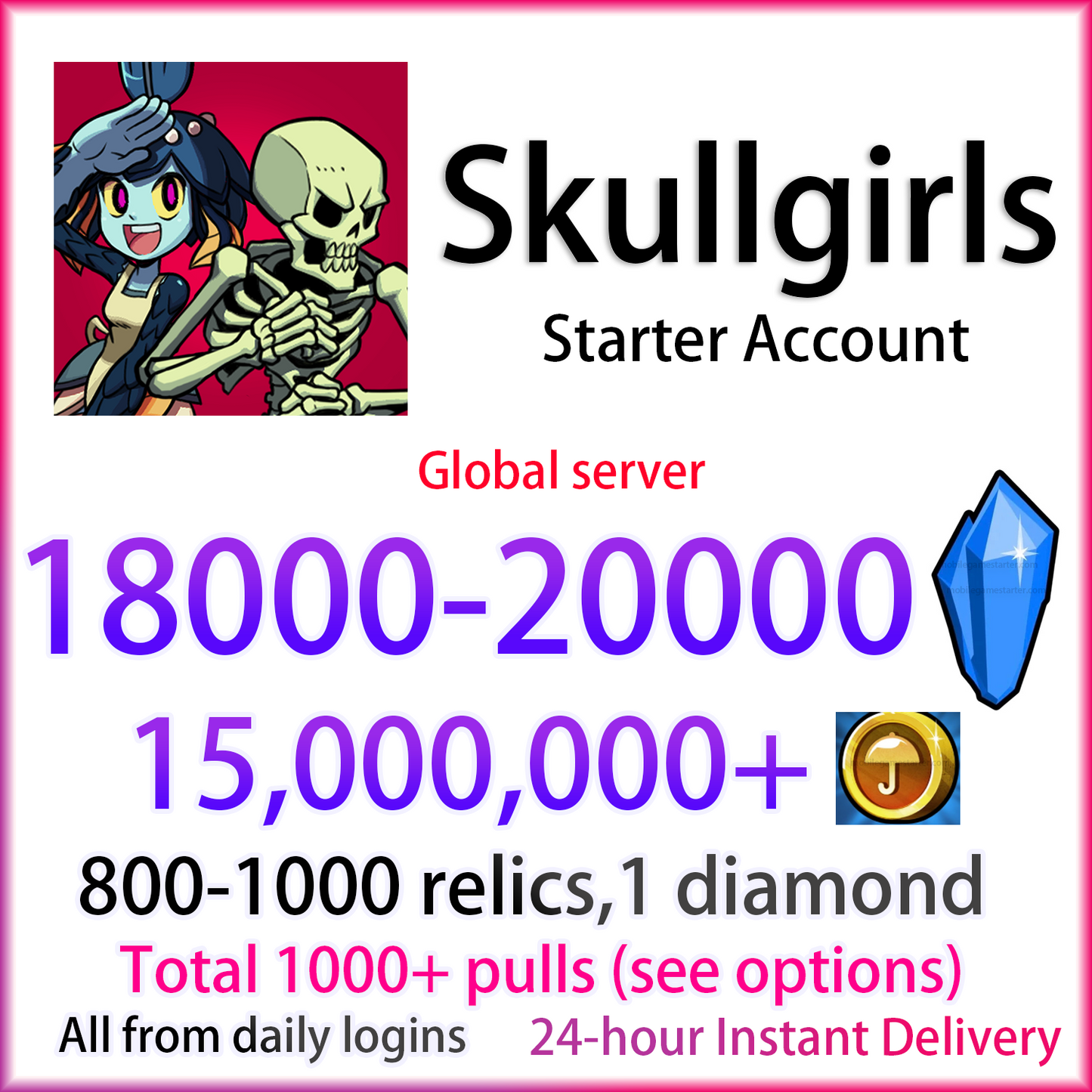 [GLOBAL][INSTANT] 18000~20000 Theonite + 15M Coins + Relics | Skullgirls Starter Account (see options)-Mobile Games Starter