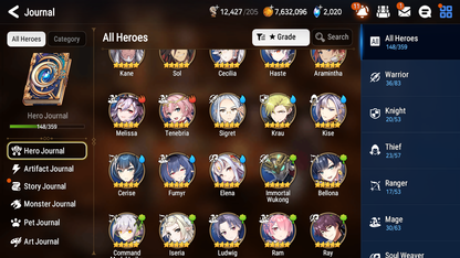 [GLOBAL][INSTANT] Epic 7 Seven 10ML + 27 4★ ML(lots dups) Straze Sez Flan Ray Choux Top Model Luluca Cerise Kizuna Ai 60 skin tickets+20 Speed 10-10 Account-Mobile Games Starter