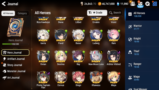 [GLOBAL][INSTANT] Epic 7 Seven 3ML New Moon Luna Arbiter Vildred Pirate Captain Flan Diene +12k Gems +30 ML pulls Starter Account-Mobile Games Starter