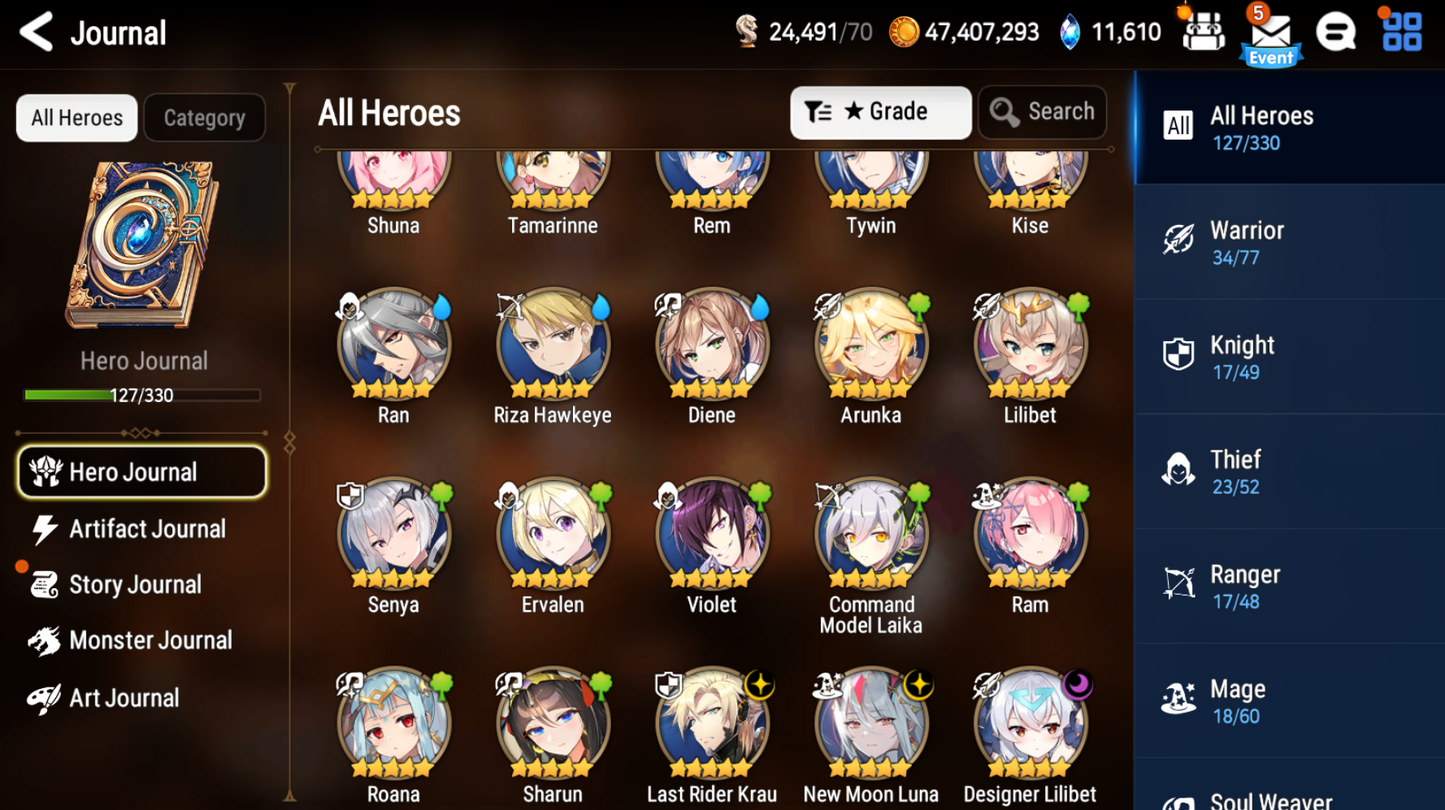 [GLOBAL][INSTANT] Epic 7 Seven 3ML New Moon Luna Krau Lilibet Rem Diene +11k Gems +34 ML pulls Starter Account-Mobile Games Starter