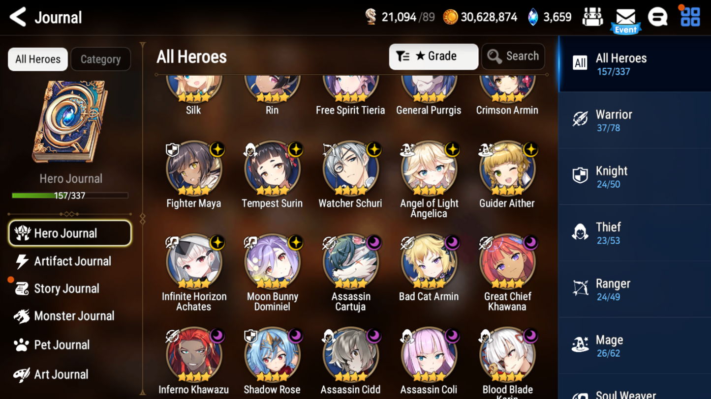 [GLOBAL][INSTANT] Epic 7 Seven 8ML+24 4*ML Belian Conqueror Lilias Solitaria of the Snow Fallen Cecilia Ludwig Cermia Angel Angelica 10-10 Account-Mobile Games Starter