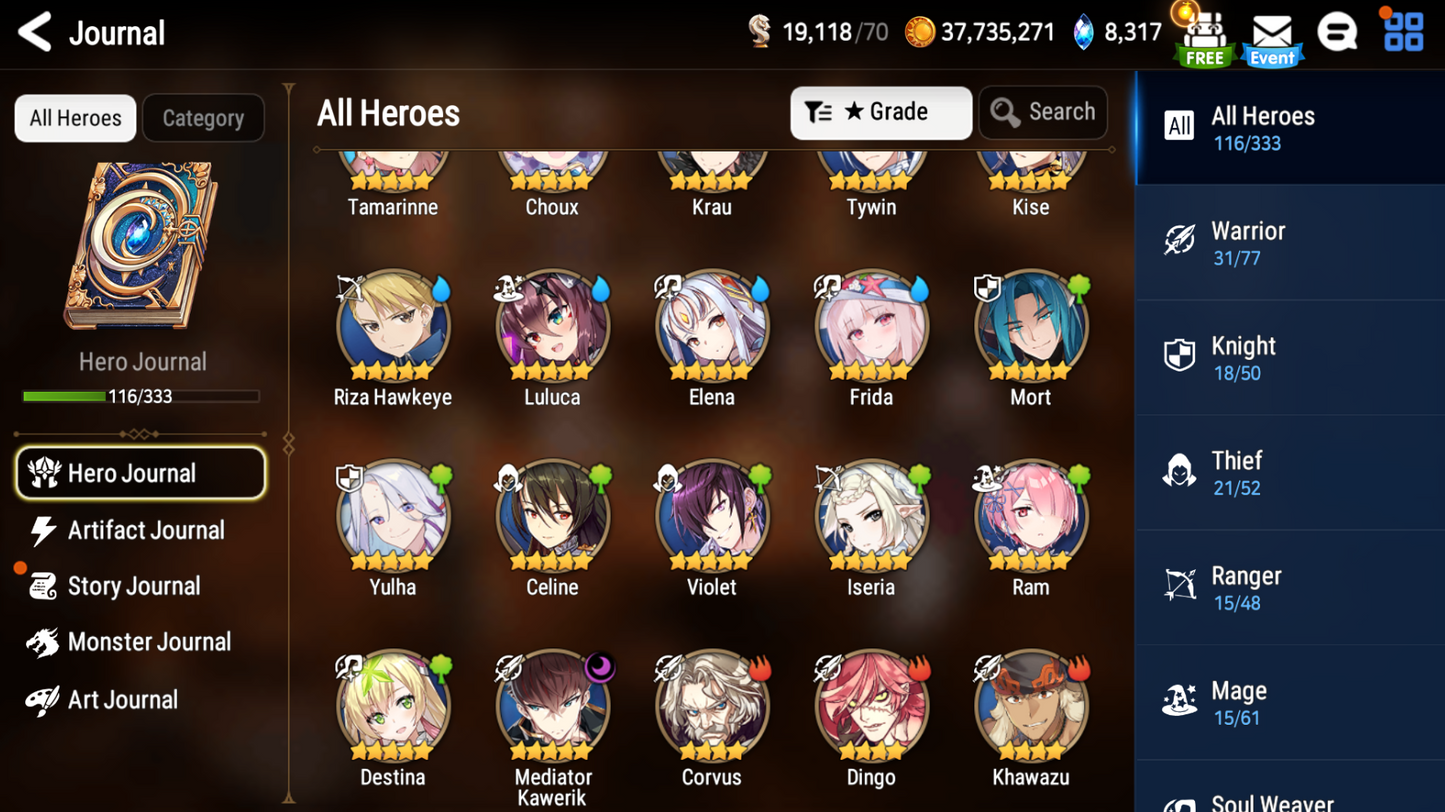 [GLOBAL][INSTANT] Epic 7 Seven Frida Mediator Kawerik Jack + 25ML 2600 mystics pulls + Name Starter Account-Mobile Games Starter