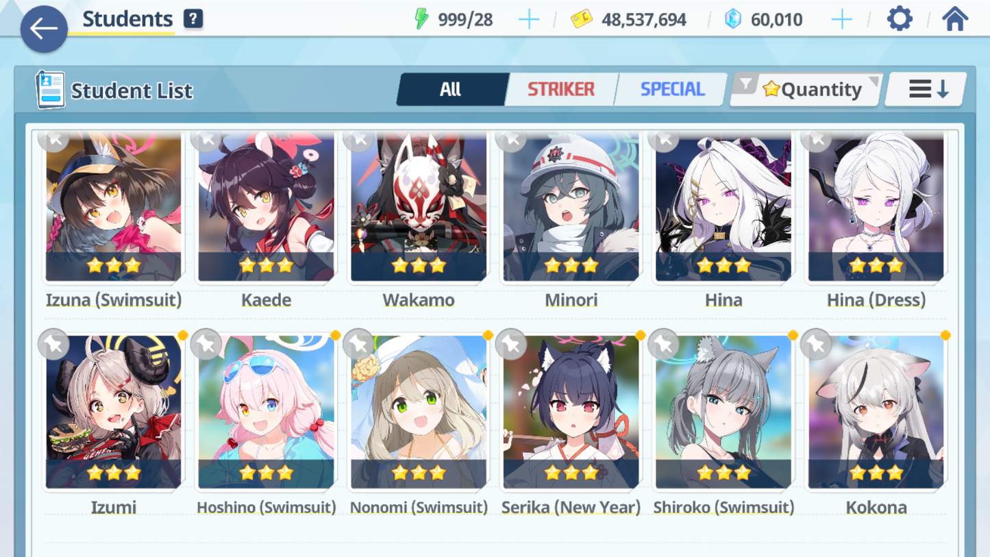 [GLOBAL/NA] [INSTANT] 4 limited 14x3* Dress Hina Swimsuit Hoshino Izuna Wakamo + 60k Pyroxene gems Blue Archive Starter Account-Mobile Games Starter