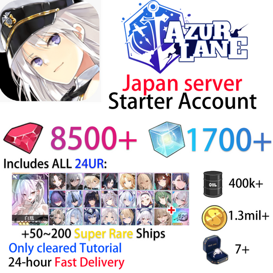 [JP] 24UR Hakuhou I-404 Trafalgar Lion Raffaello Fritz Rumey Z52 Amagi Alsace Sovetsky Soyuz Laffey Bismarck Musashi Yorktown Guam Unzen etc + gems AL Japan Starter Account-Mobile Games Starter