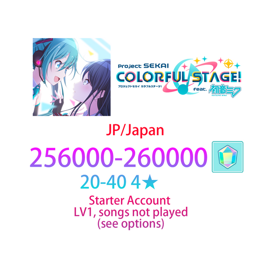 [JP] [INSTANT] 256-260K gems, 20-40 4★ Project Sekai Colorful Stage Feat. Hatsune Miku Starter Account (see options)-Mobile Games Starter