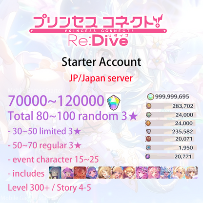 [JP] Priconne 80~100 x 3* + 70000~120000 Jewels Resource Starter Account Princess Connect Re:Dive-Mobile Games Starter