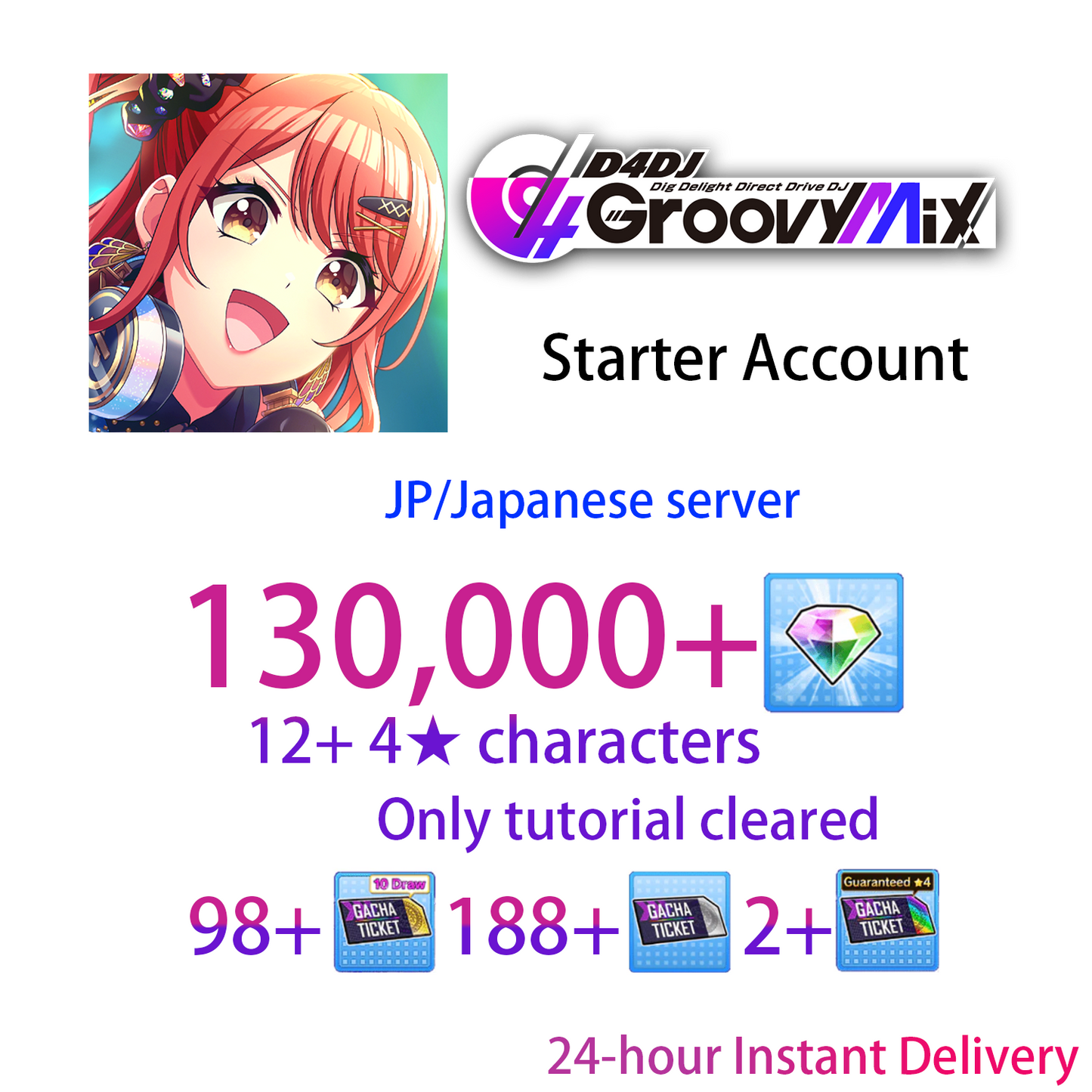 [JP][INSTANT] 128000 gems & 12+ 4★ D4DJ Groovy Mix Starter Account (see options)-Mobile Games Starter