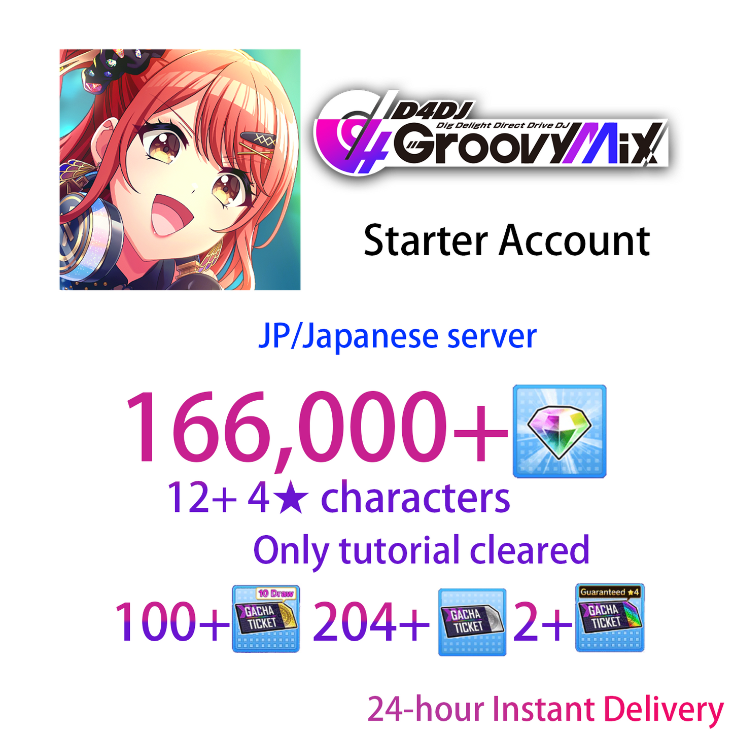 [JP][INSTANT] 166000 gems & 12+ 4★ D4DJ Groovy Mix Starter Account (see options)-Mobile Games Starter