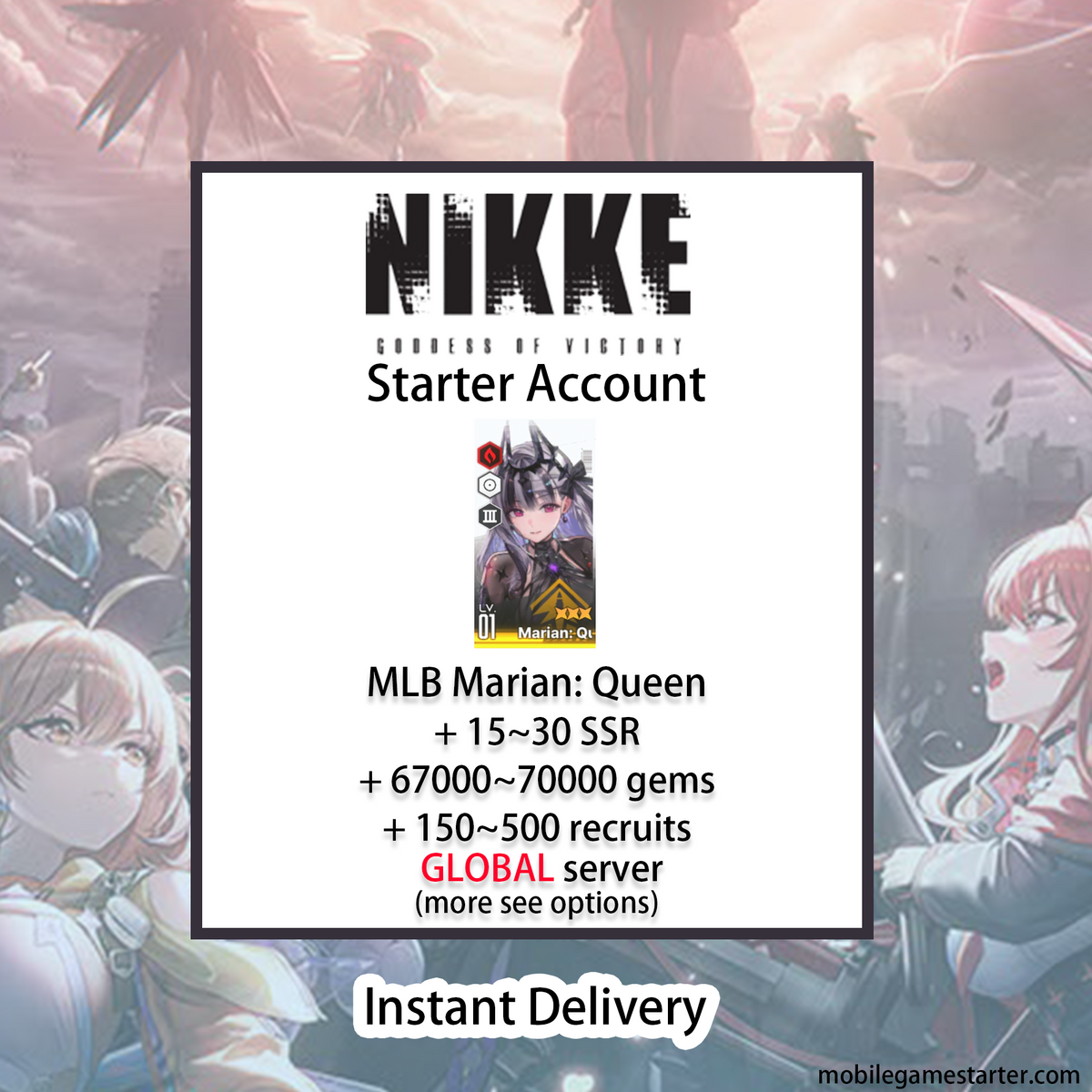 [GLOBAL] [INSTANT] MLB 4X Marian: Queen + 15~30 SSRs + 70000 Gems + 500 recruits | GODDESS OF VICTORY NIKKE starter account Max Limit Break (see options)