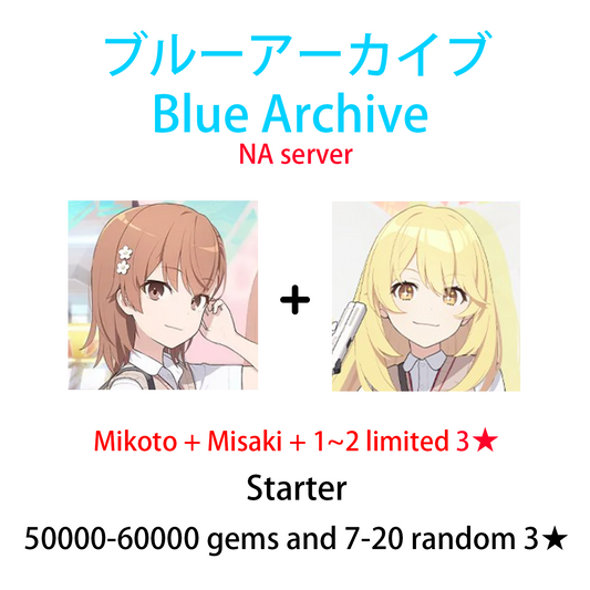 [GLOBAL/NA][INSTANT] Railgun (Mikoto+Misaki) + 50000-60000 gems Blue Archive Starter Account
