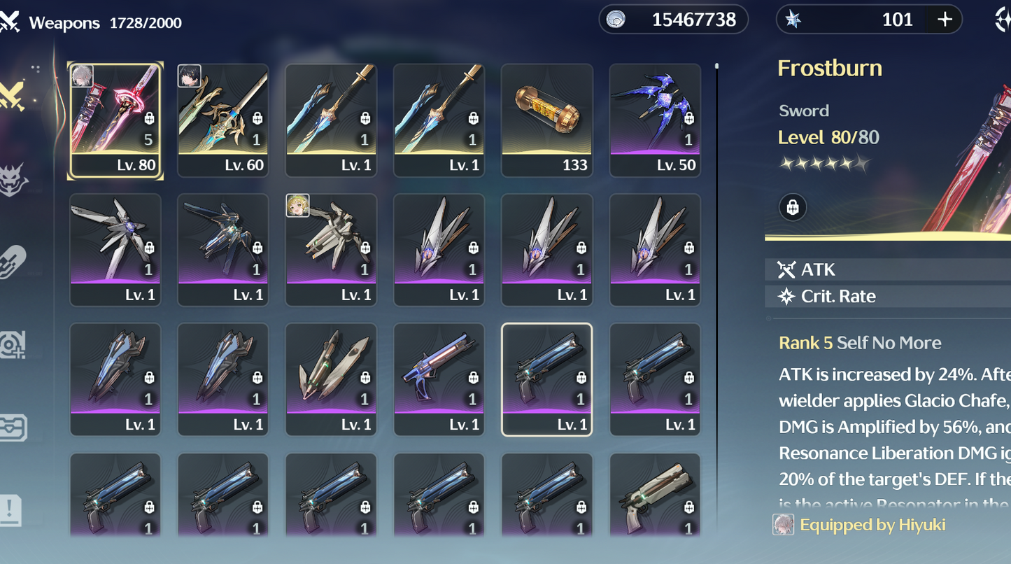 [NA] 6+5 S6 Hiyuki + R5 Signature Weapon | Wuthering Waves America LV57 Farmed Account-Mobile Games Starter