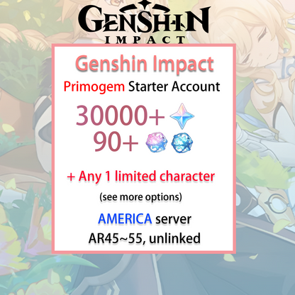 [NA] Any ONE character + 30~50k primogems | Wishes Genshin Impact America Starter Farmed Account (see options)-Mobile Games Starter