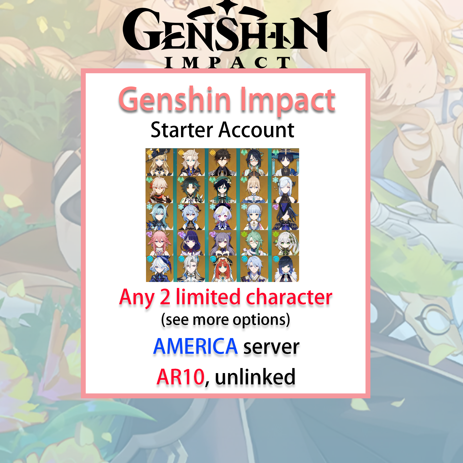 [NA] AR10 Any Two Limited Character | Genshin Impact America Starter Account (see options)-Mobile Games Starter