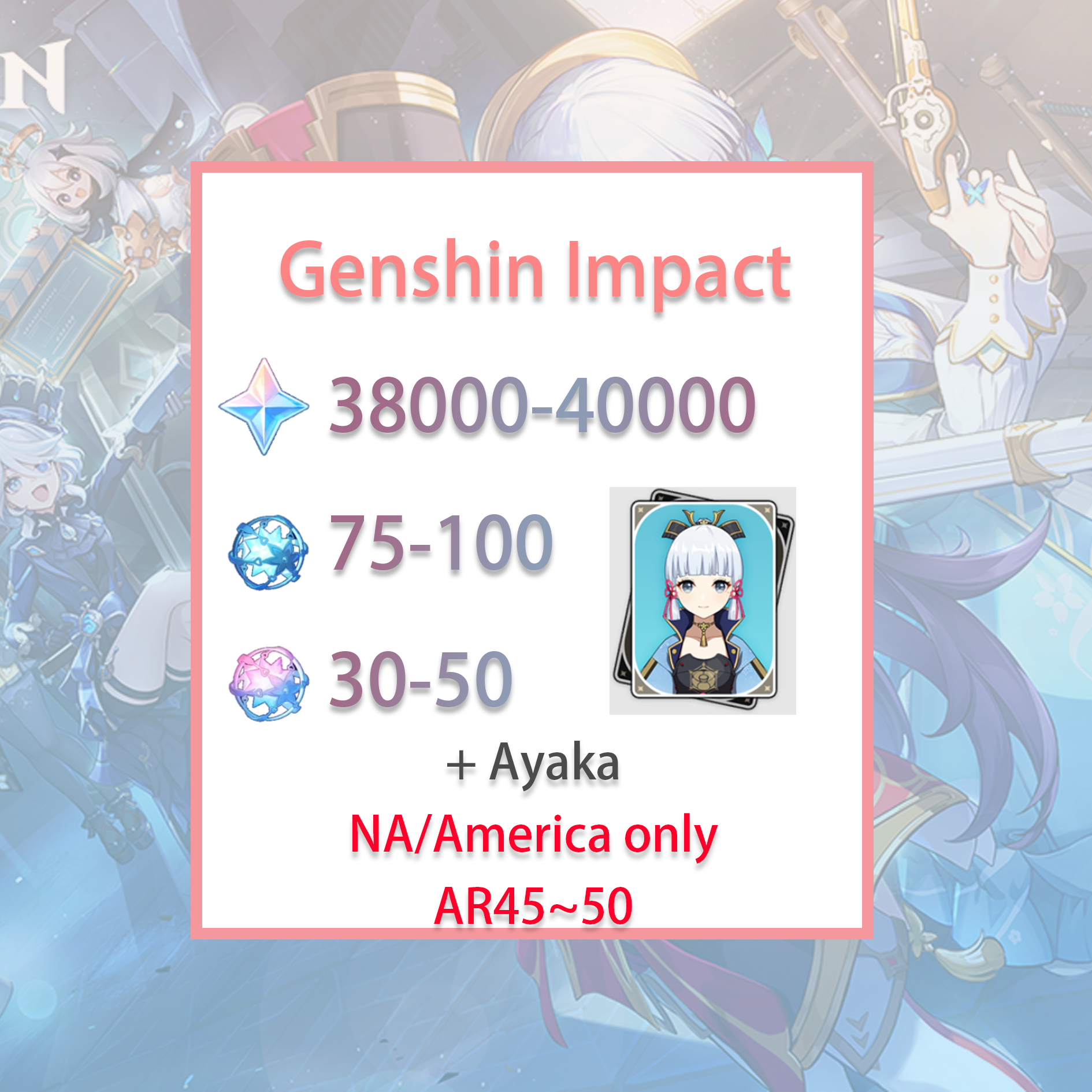 [NA] Genshin Impact Ayaka + 38-40k primogems, Wishes AMERICA Starter Account-Mobile Games Starter