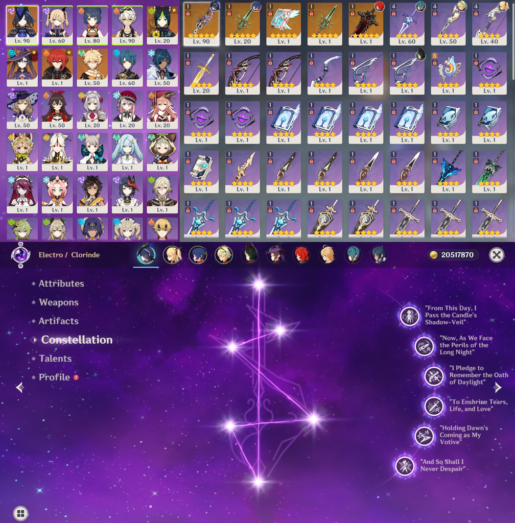 Compte Genshin Impact Asia AR56 - Clorinde C6R2 + Personnages 5*, 4*, Armes