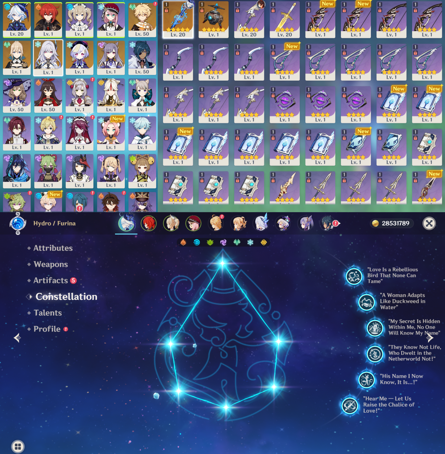 [NA] Genshin Impact C6 Furina + R1 BiS Signature Weapon + Skirk AR52 AMERICA Starter Farmed Account-Mobile Games Starter