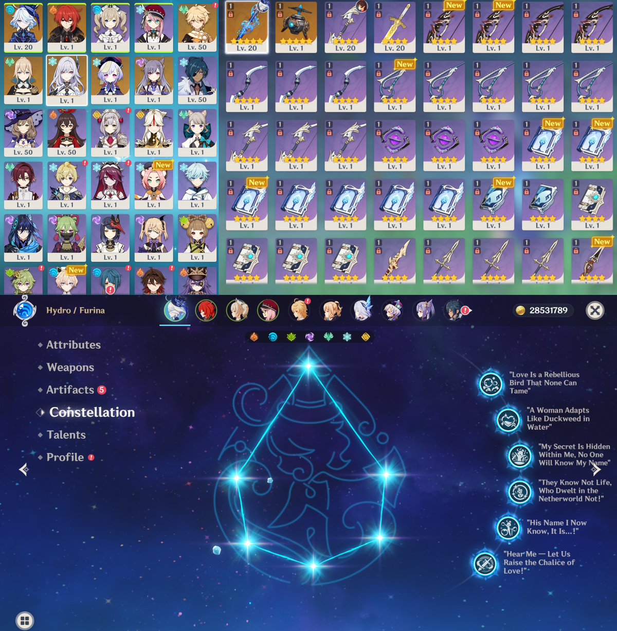 [NA] Genshin Impact C6 Furina + R1 BiS Signature Weapon + Skirk AR52 AMERICA Starter Farmed Account-Mobile Games Starter