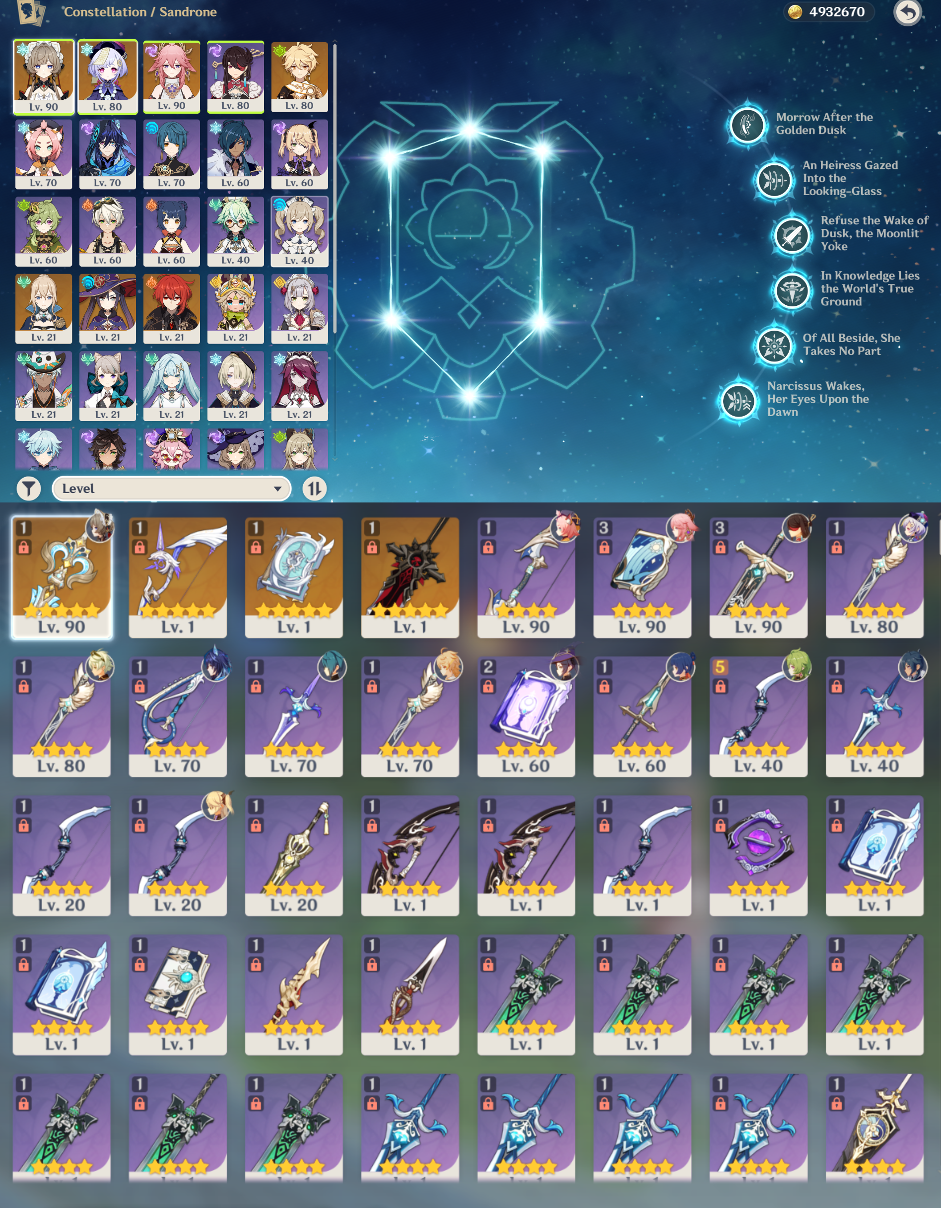 [NA] Genshin Impact C6 Sandrone + Signature Weapon + Yae Miko AR56 AMERICA Starter Farmed Account-Mobile Games Starter