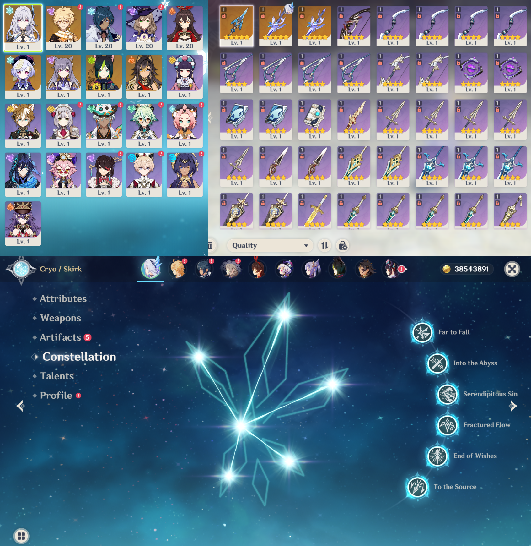 [NA] Genshin Impact C6 Skirk + R2 BiS Signature Weapon AR52 AMERICA Starter Farmed Account-Mobile Games Starter