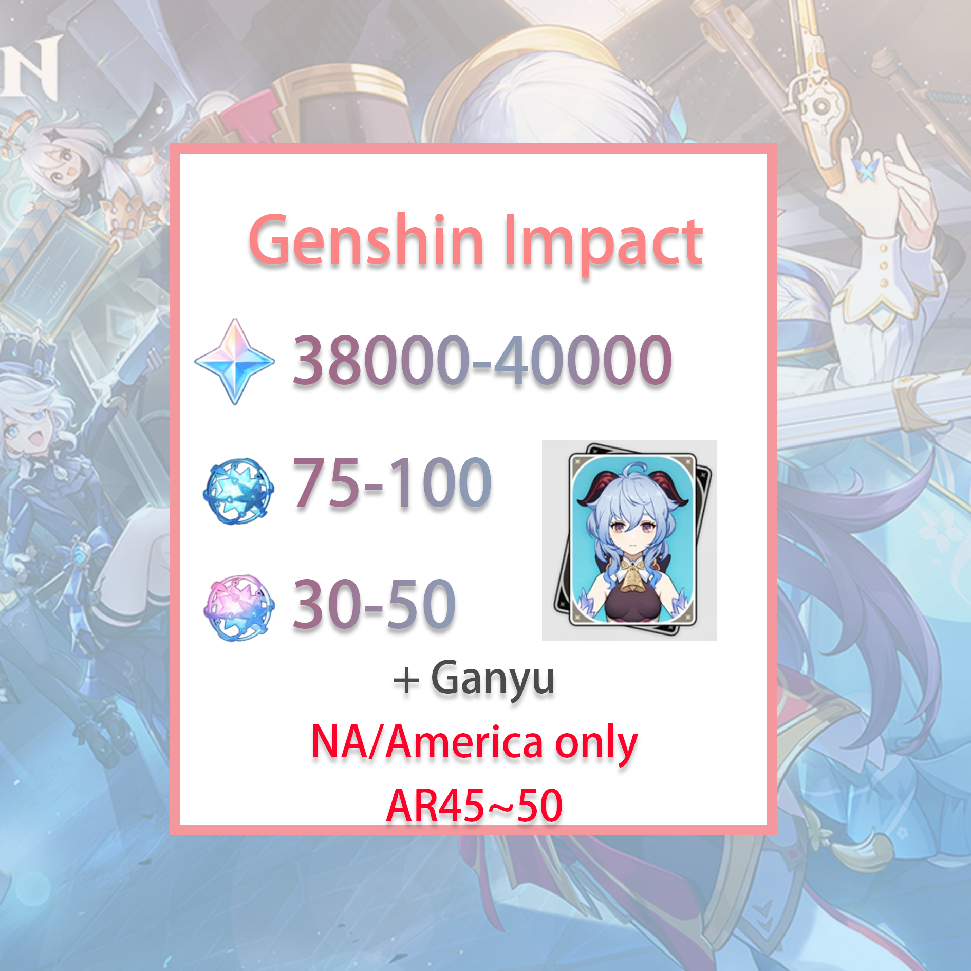 [NA] Genshin Impact Ganyu + 38-40k primogems, Wishes AMERICA Starter Account-Mobile Games Starter
