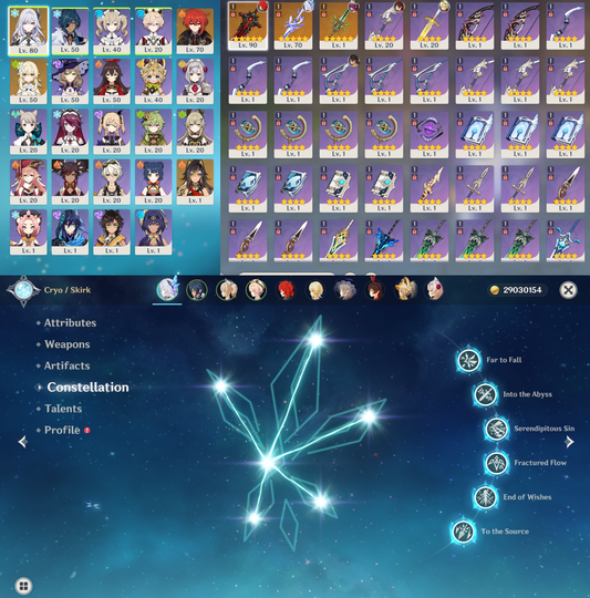 [NA] Genshin Impact C6 Skirk + BiS Signature Weapon + 80 Intertwined Fate AR56 AMERICA Starter Farmed Account-Mobile Games Starter
