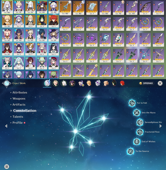 [NA] Genshin Impact LV80 C6 Skirk + BiS Signature Weapon + Shenhe + BiS AR54 AMERICA Starter Farmed Account-Mobile Games Starter