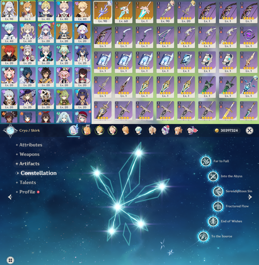 [NA] Genshin Impact LV90 C6 Skirk + BiS Signature Weapon + Escoffier AR54 AMERICA Starter Farmed Account-Mobile Games Starter