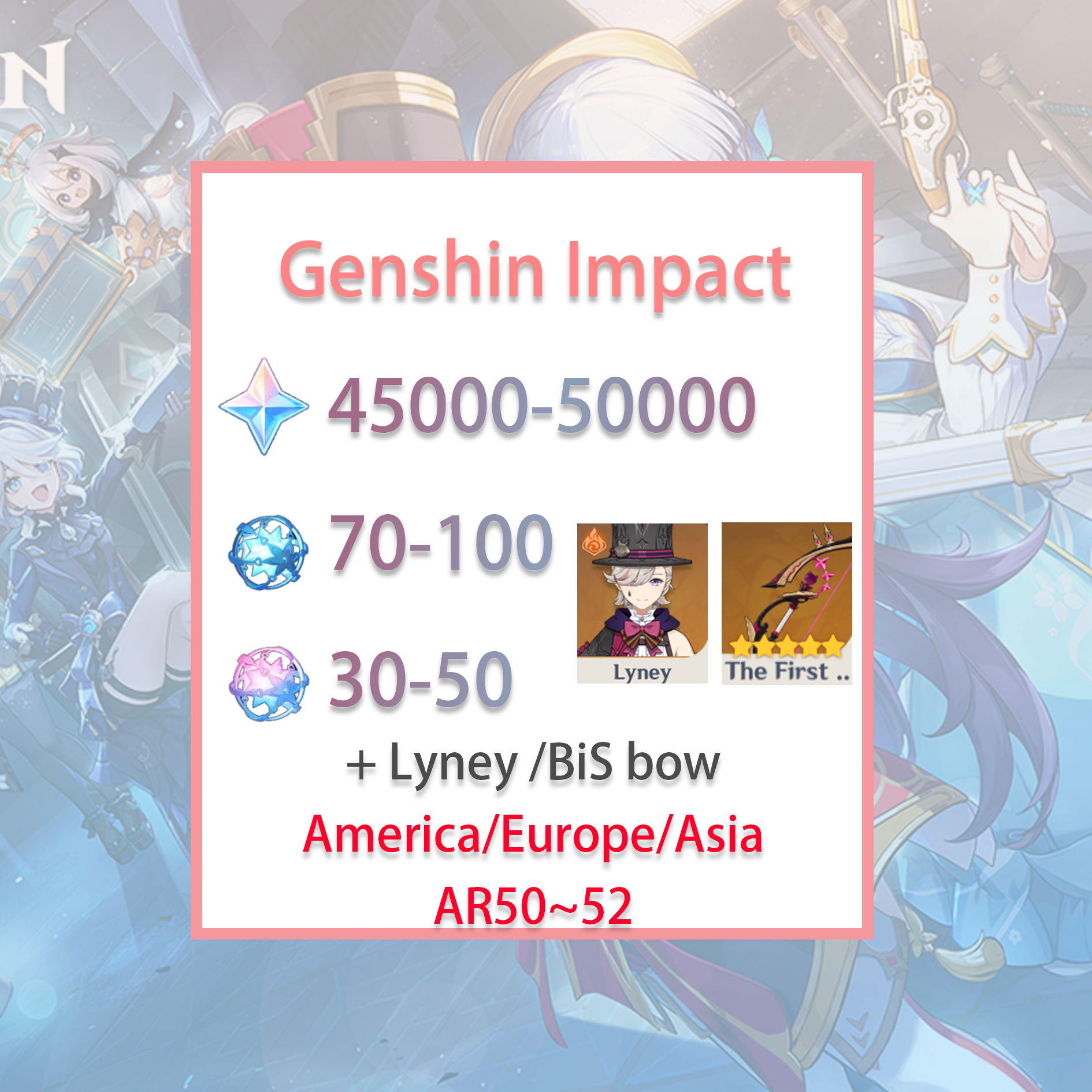 [NA] [INSTANT] Genshin Impact Lyney / BiS+ 30-50k primogems, Wishes AMERICA Starter Account (see options)-Mobile Games Starter