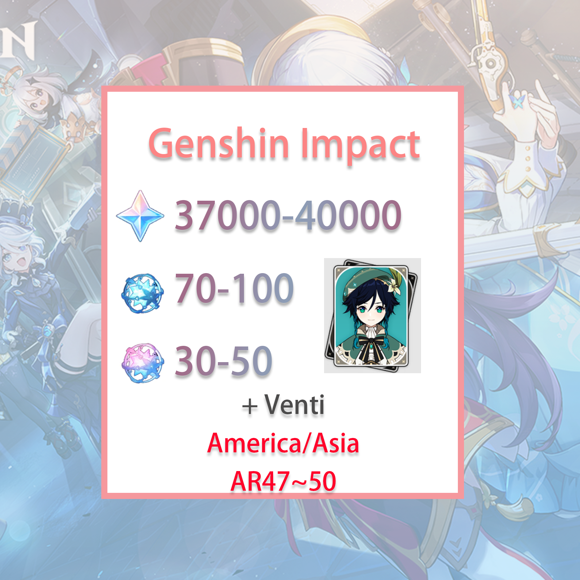[NA/ASIA] Genshin Impact Venti + 37-40k primogems, Wishes AMERICA/ASIA Starter Account-Mobile Games Starter