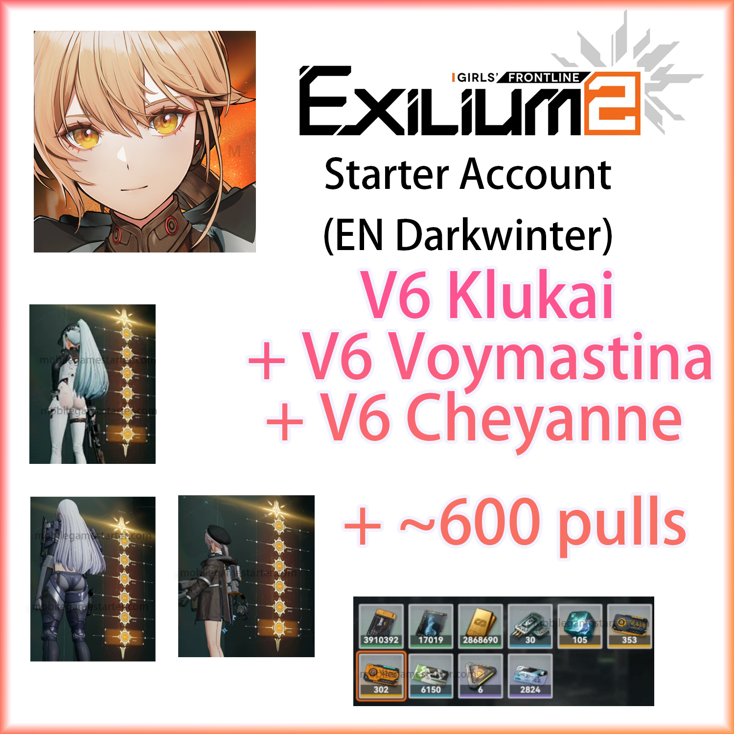 [NA] V6 Cheyanne (+Weapon) V6 Voymastina (+Weapon) V6 Klukai (+Weapon) + Springfield (+Weapon) + 500-700 Access pulls | GIRLS' FRONTLINE 2: EXILIUM EN Darkwinter Starter Account-Mobile Games Starter