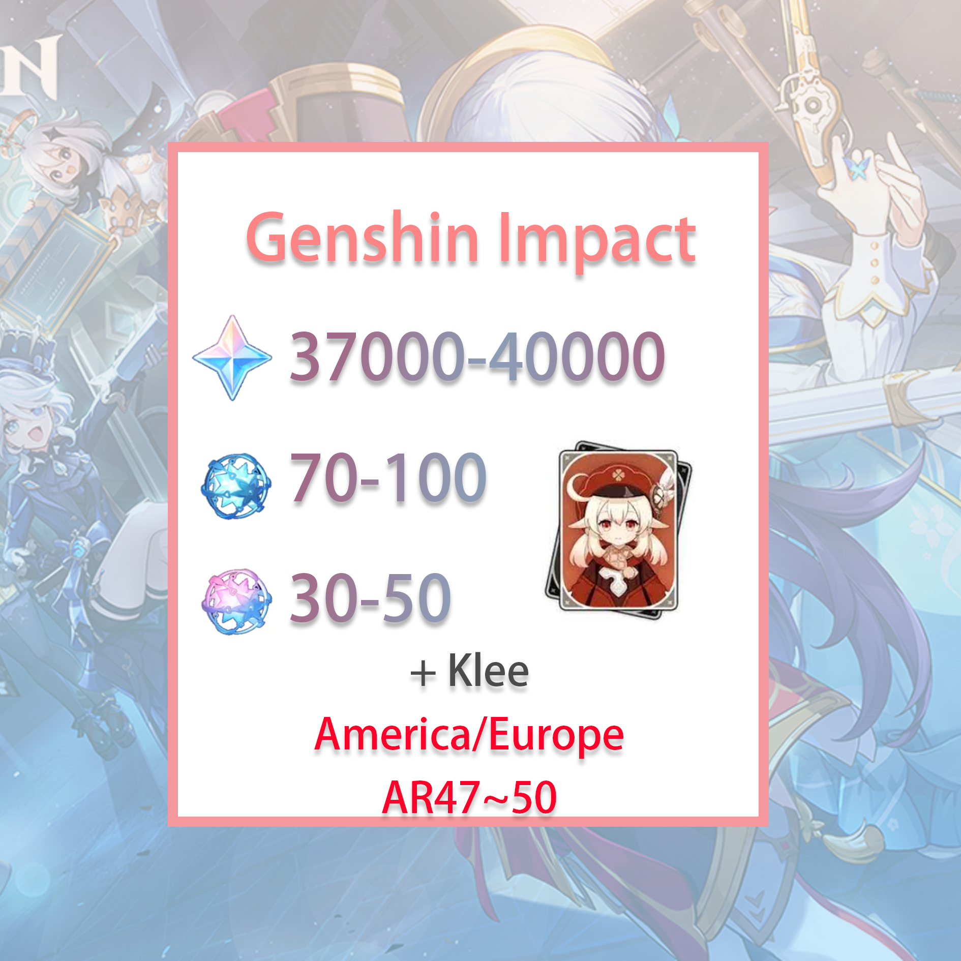[NA/EU] Genshin Impact Klee + 37-40k primogems, Wishes AMERICA/EUROPE Starter Account-Mobile Games Starter
